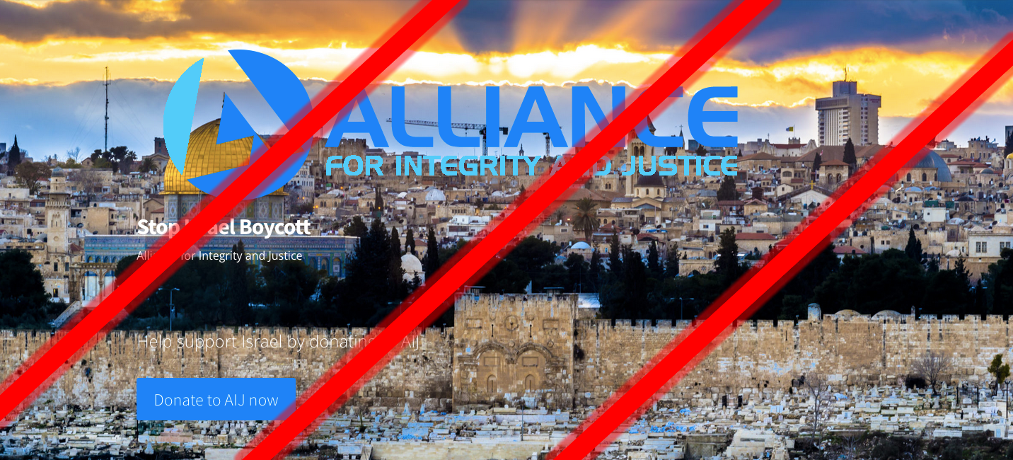 Three red lines crossing out the top header for "Alliance for Integrity and Justice", that text over a skyline view of Jerusalem with the Wailing Wall closest