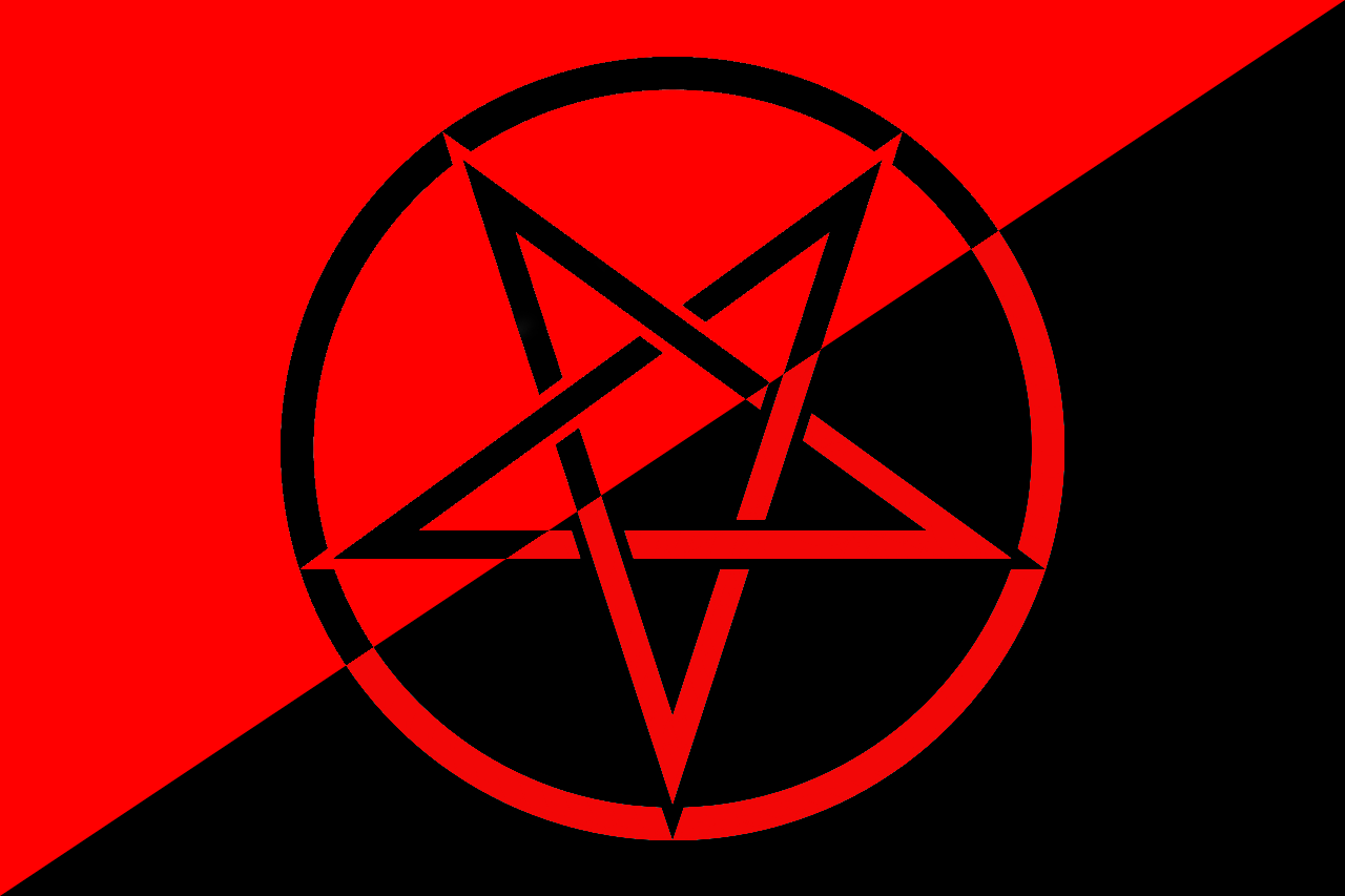 Anarcho-Communist (AnCom) red/black bisected flag with an inverted pentacle in the center