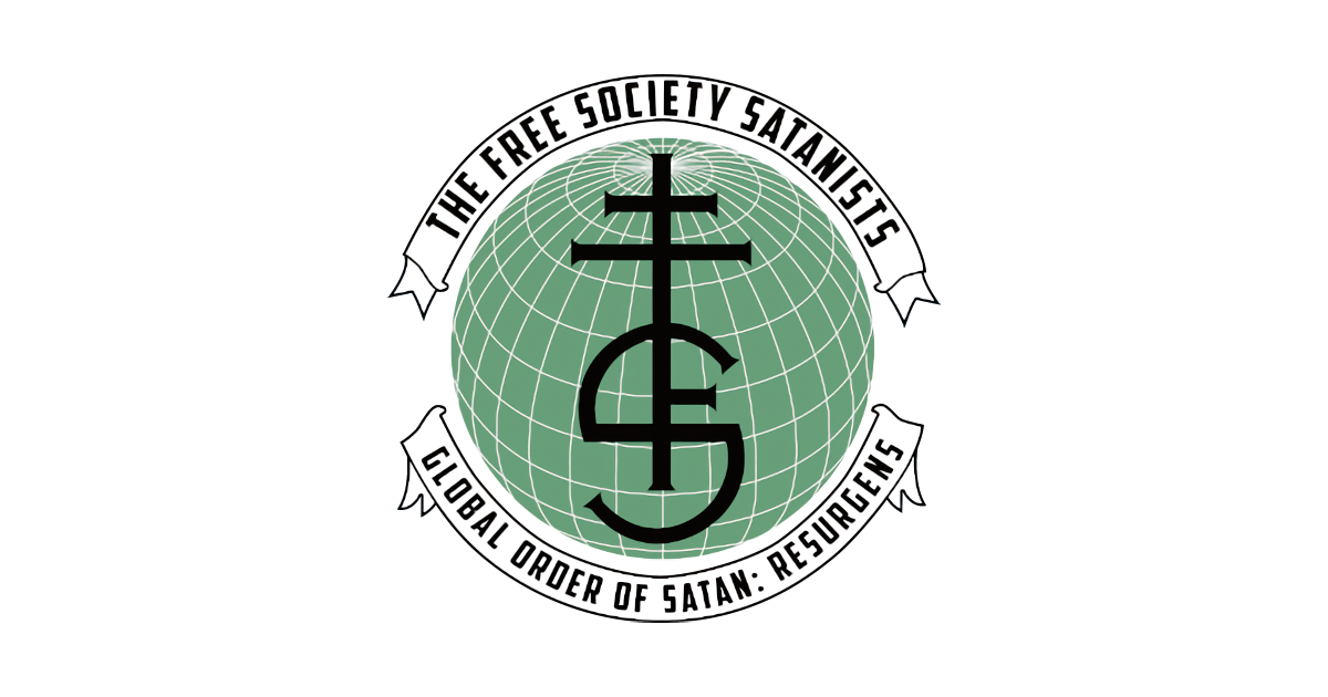 "Free Society of Satanists - Global Order of Satan Resurgens" logo, that text in banners above and below a green globe, featureless except for longitude and latitude lines and on top of that, FSS's colophon/sigil named "Firebrand"