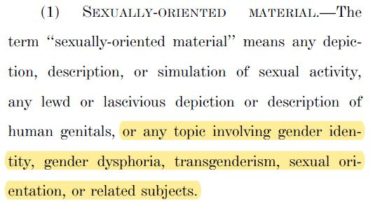 (a) FEDERAL FUNDS LIMITATION.—No Federal funds may be made available to develop, implement, facilitate, or fund any sexually-oriented program, event, or literature for children under the age of 10, including hosting or promoting any program, event, or literature involving sexually-oriented material, or any program, event, or literature that exposes children under the age of 10