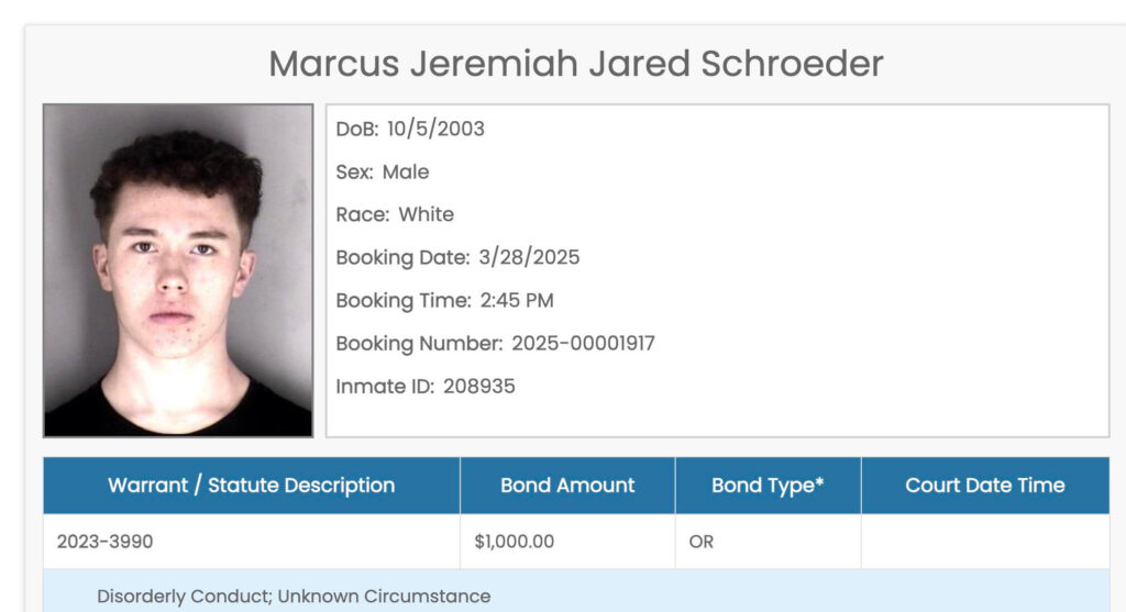 booking photo of "Marcus Jeremiah Jared Schroeder" in 2023 for calling in a bomb threat on a Pride event in Wisconsin.