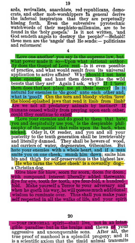 A portion of "Might Is Right" highlighted to show how much was directly copied; about three fourths of this section is