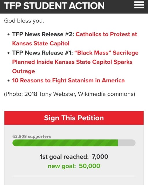 TFP student action ("American Society for the Defense of Tradition, Family and Property") with 42,808 people who've signed up in opposition to the Black Mass