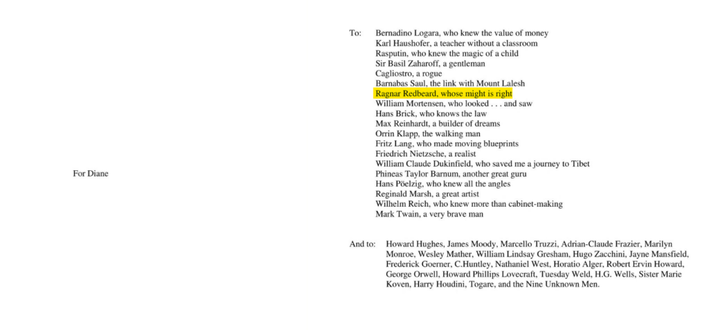 The Satanic Bible acknowledgements page; 7th of 19 people in the "To" section with a further "and to" section to follow