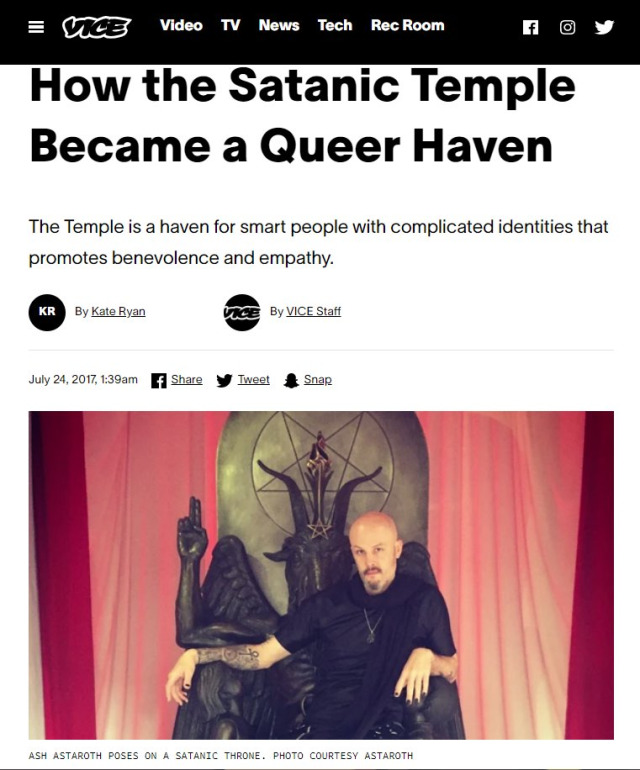 How the Satanic Temple Became a Queer Haven

By VICE Staff and Kate Ryan
July 24, 2017, 4:39am
(photo of Ash Astaroth sitting on lap of Baphomet statue)