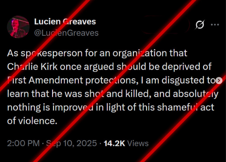 Lucien Greaves As spokesperson for an organization that Charlie Kirk once argued should be deprived of First Amendment protections, I am disgusted to learn that he was shot and killed, and absolutely nothing is improved in light of this shameful act of violence.